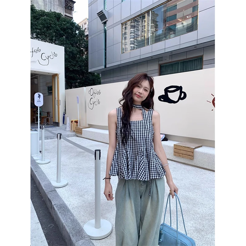 洋气衣服女韩系无袖格子吊带背心夏季2025新款小众复古甜辣上衣