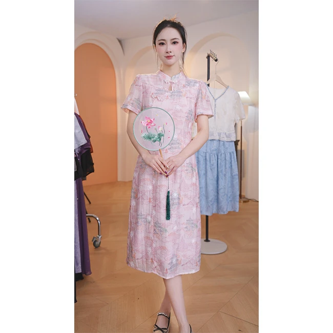 L8651 2025年春夏新款时尚气质中式印花收腰显瘦中长款连衣裙