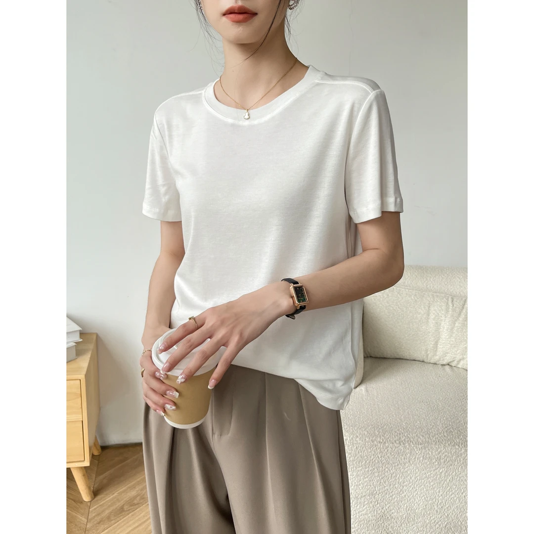 简约短袖t恤2025新款夏女修身白色圆领打底内搭百搭时尚韩系上衣