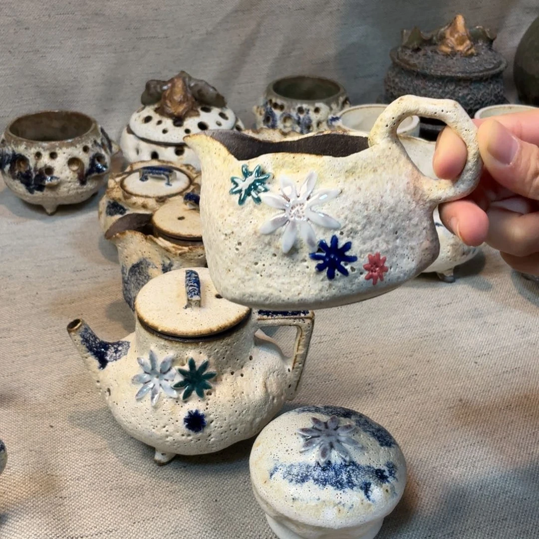 粉引三才盖碗一套