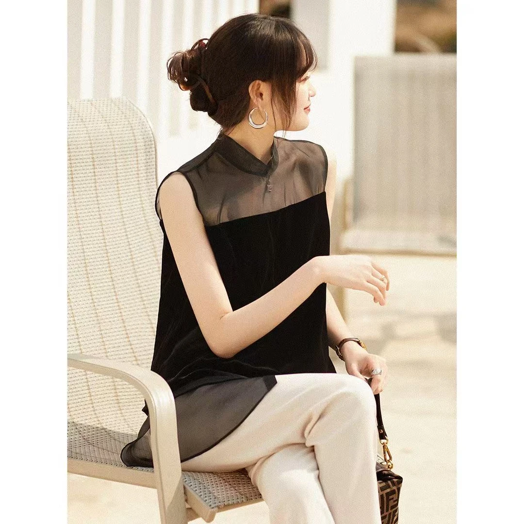 【衣年纯品】浪漫春夏中式复古立领拼接欧根纱金丝绒拼接丝绒小背心