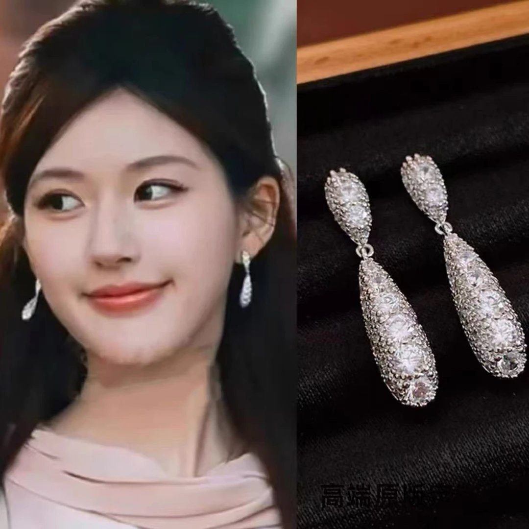 黄铜合成锆石耳饰 水滴法式复古手工长款百搭小众耳饰008