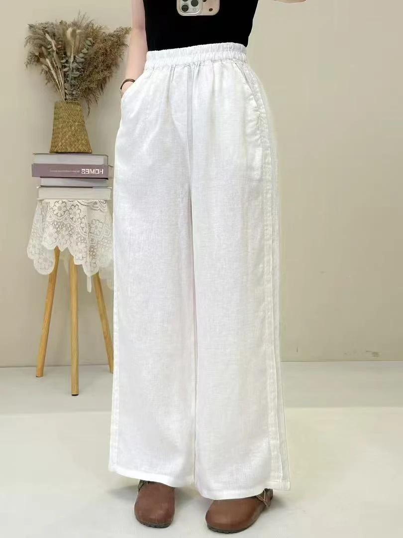 夏季新款棉麻宽松高腰垂感阔腿直筒女长裤