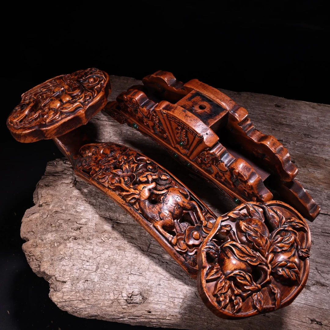 珍品旧藏收高浮雕黄杨木雕刻大号手工福禄寿如意摆件家用工艺品