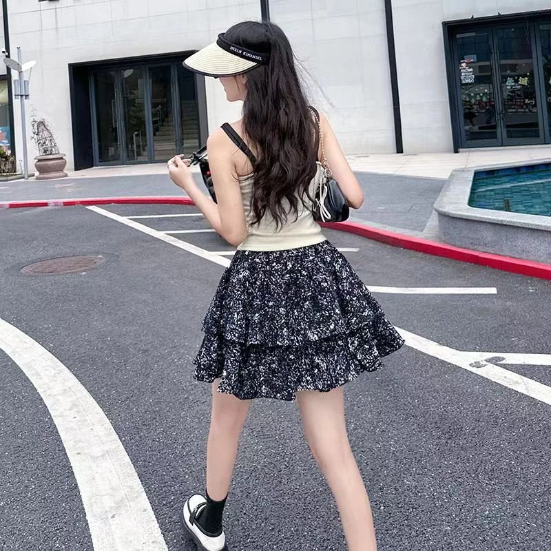 雪纺碎花双层蛋糕短裙夏季新款韩系百搭高腰A字裙少女蓬蓬半身裙