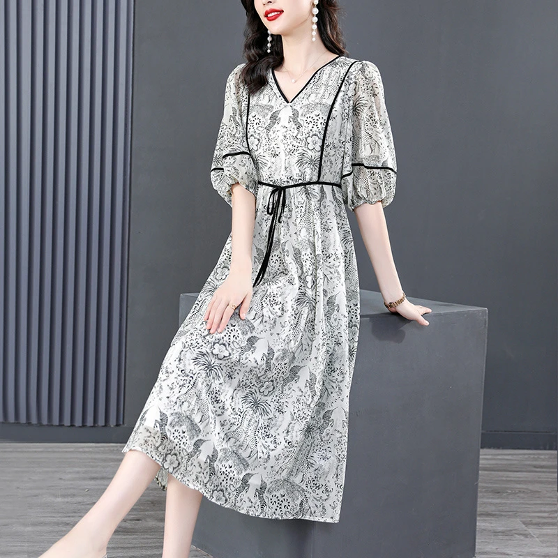 【桑蚕丝】高贵上档次夏季超显瘦100%真丝连衣裙碎花气质收腰洋气