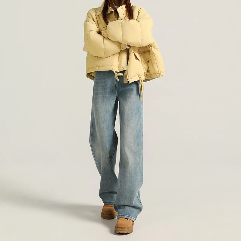 浅色加绒牛仔裤女冬季加厚2025新款高腰垂感小个子窄版直筒阔腿裤