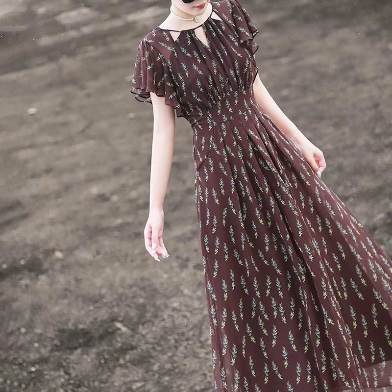 【有里布】2025夏新款气质法式复古裙子荷叶袖收腰显瘦连衣裙D0864