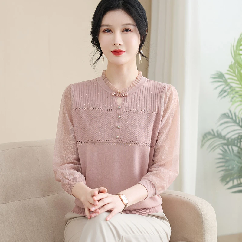 2025新款妈妈春装针织纱袖打底小衫国风中老年人女装长袖上衣薄款