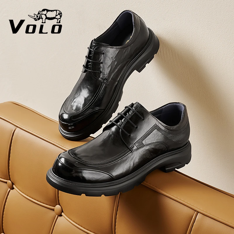 VOLO/犀牛方头皮鞋百搭厚底黑色鞋子男士潮流正装英伦风休闲鞋
