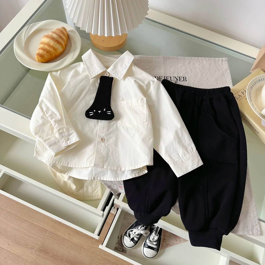 【断码清仓】CT257659橘止皮2025春男小童衬衫领带卫裤套装