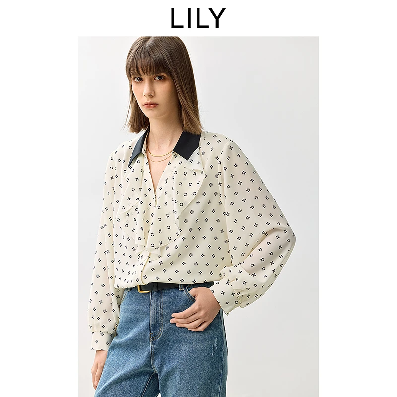 LILY秋新款复古波点法式荷叶边优雅通勤女装衬衫124329C4918