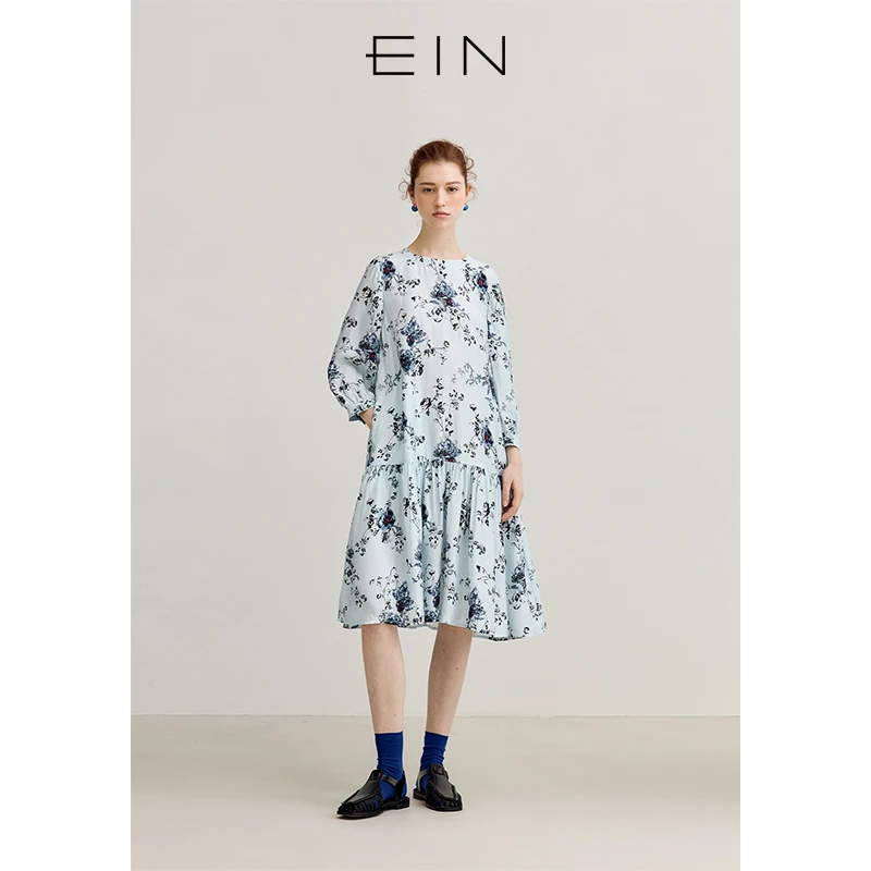 EIN/言浪漫玫瑰印花A字型简约圆领文艺长袖连衣裙女2025早春新款