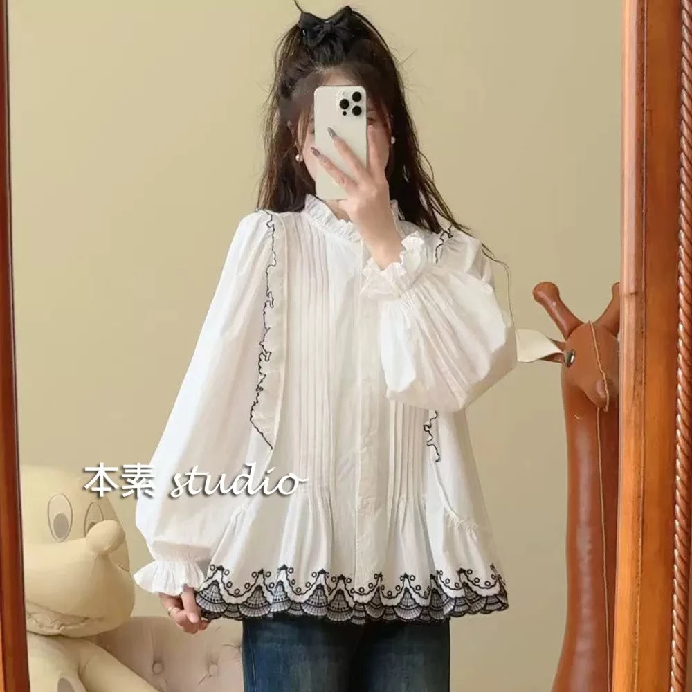 秋季新款刺绣风琴褶木耳边立领长袖衬衫女气质时尚小众大码女装