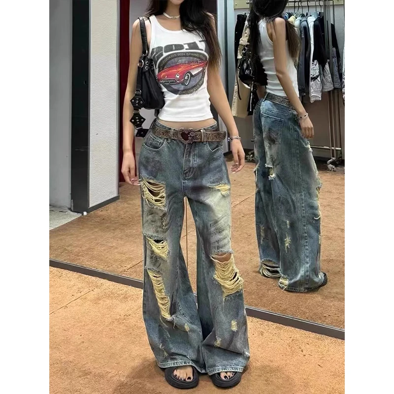 欧美高街设计感破洞牛仔裤子女慵懒风夏季薄款复古做旧脏染拖地裤