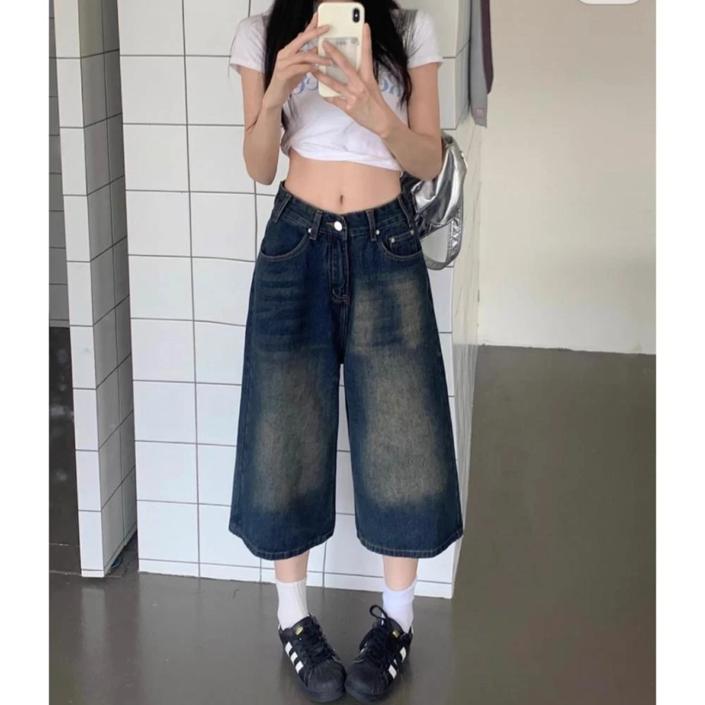 美式复古做旧水洗牛仔裤女2025夏季新款设计感阔腿显瘦垂感七分裤