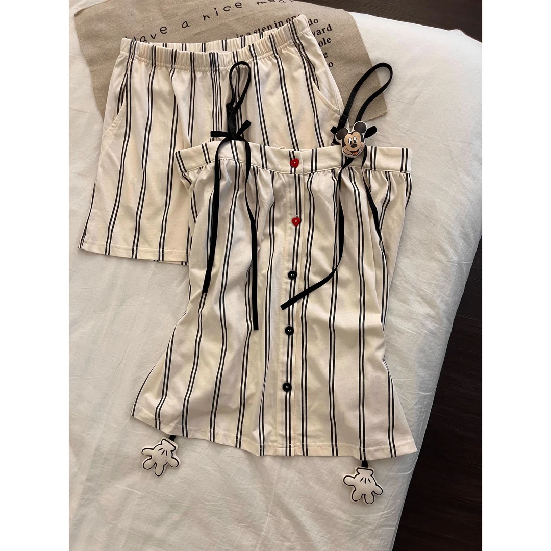 韩系设计感慵懒风米奇条纹吊带睡衣女夏款大码休闲短裤家居服套装