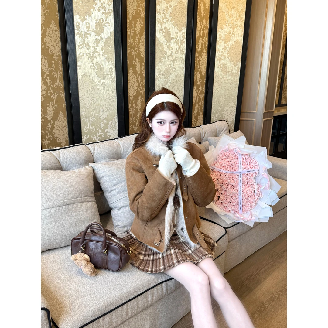 【榛果暖绒】复古皮毛一体毛绒短外套冬季加厚保暖气质外套