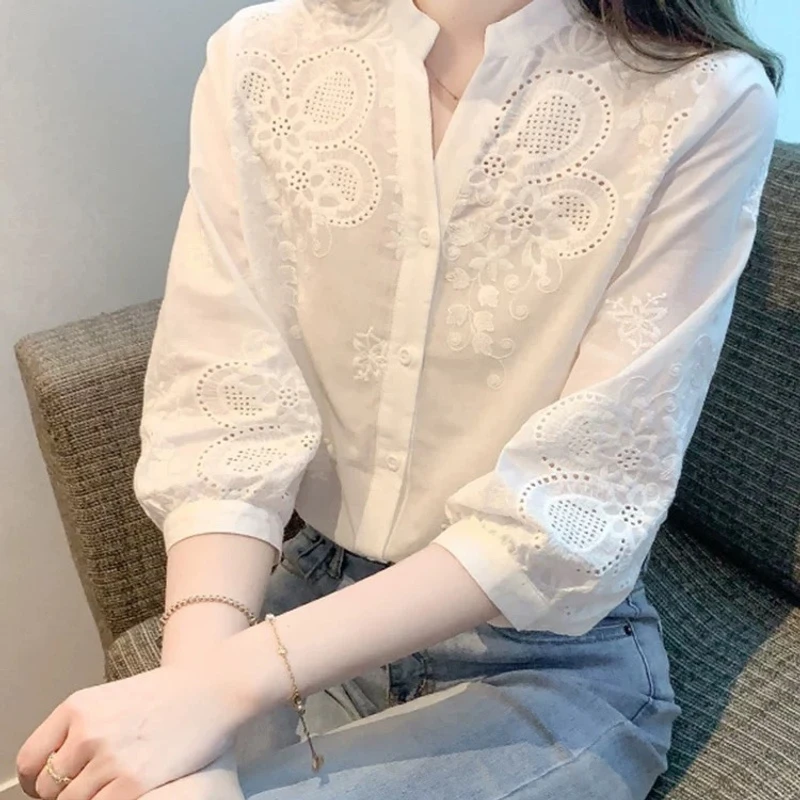 （棉）白色七分袖衬衫女士2025夏季新款上衣时尚洋气减龄