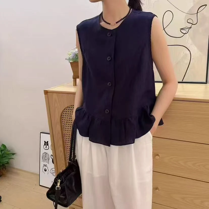 圆领无袖衬衫女夏季荷叶边拼接设计气质背心+裤子两件套-154