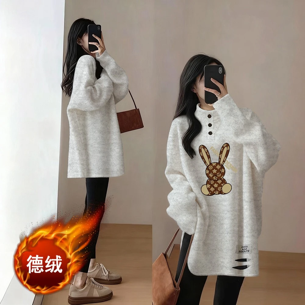 秋冬德绒保暖中长款长袖打底休闲ins风百搭上衣破洞下摆半高领T恤