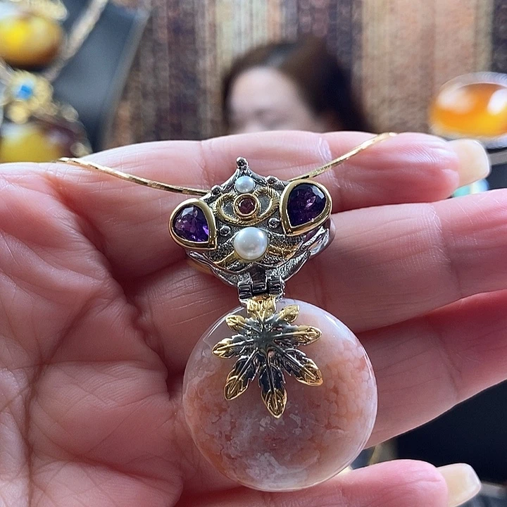 玛瑙/玉髓银S925镶嵌颈饰樱花玛瑙吊坠