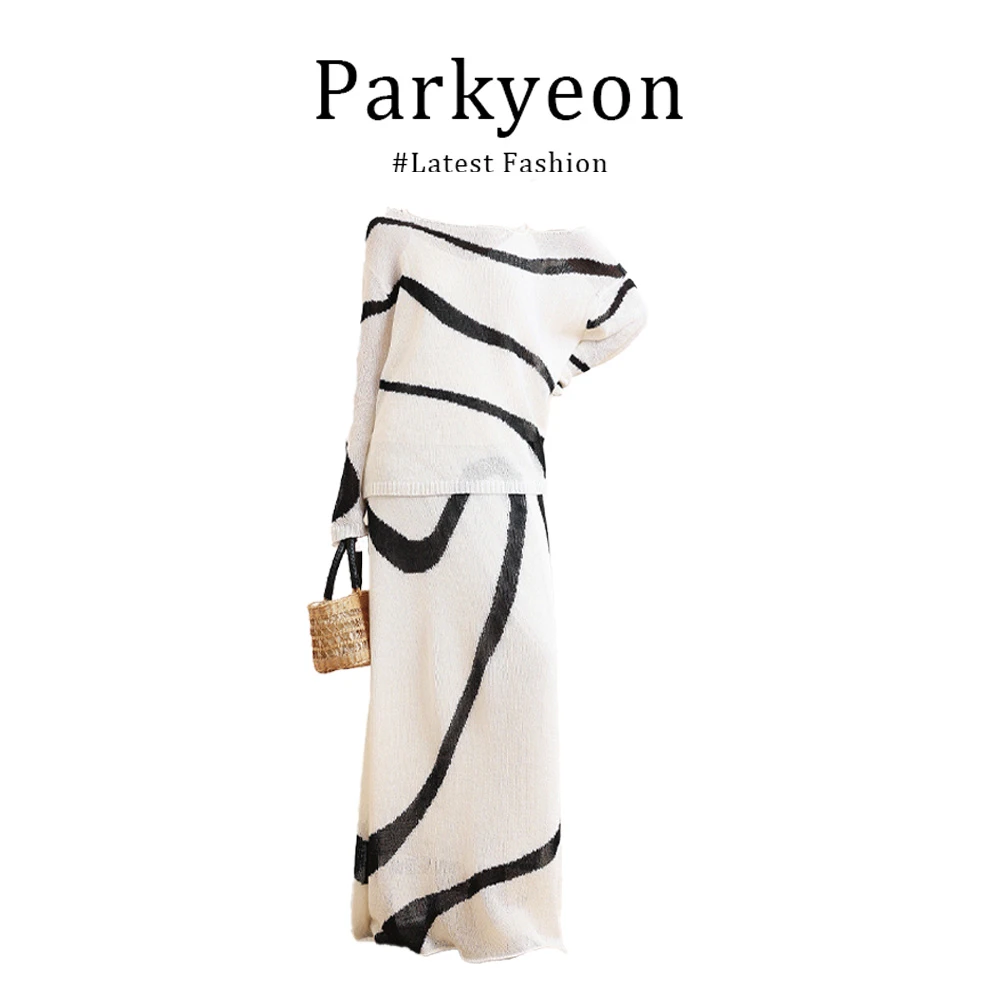 parkyeon早秋时尚名媛风条纹罩衫上衣高腰修身简约半身裙两件套女