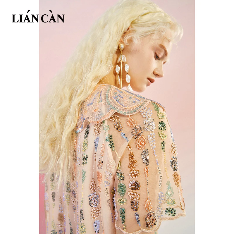 【莲灿】2024春新商场同款插肩袖翻领绣花蕾丝短袖连衣裙7122220010