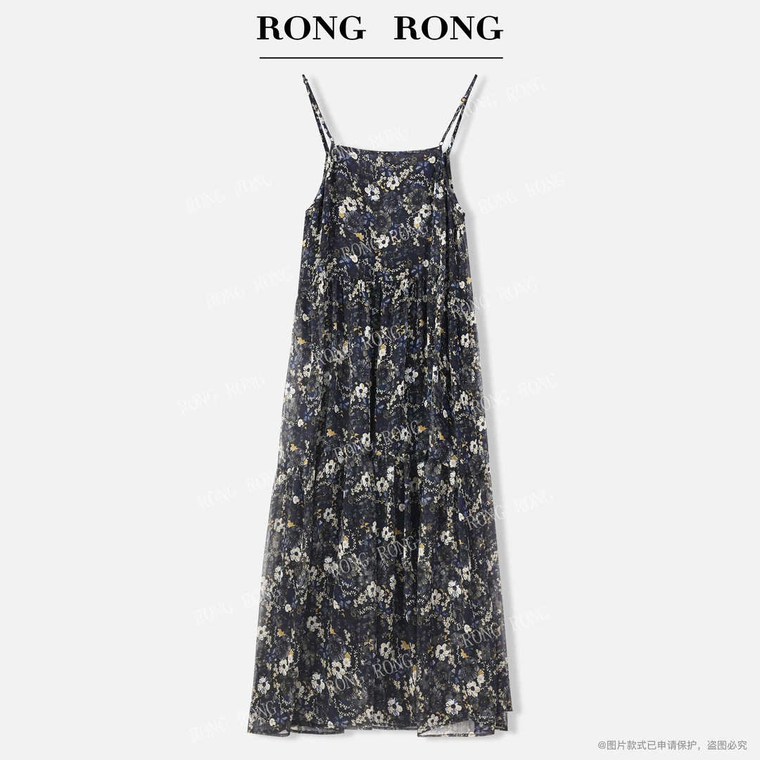 溶溶【画境花涧】RONGRONG 复古度风假碎花雪纺吊带蛋糕连衣裙73261