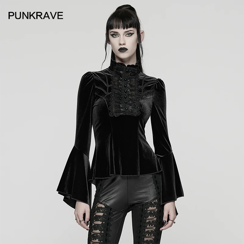 PUNK RAVE新款哥特风复古优雅暗黑气质秋冬丝绒长袖T恤WT-1021TCF