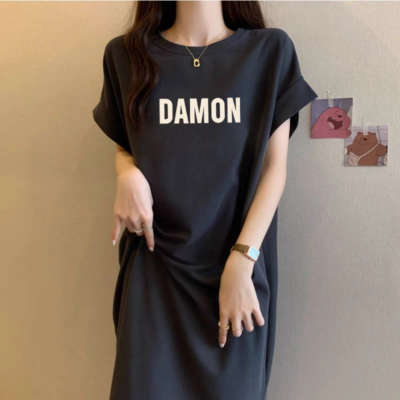 短袖t恤裙女2025夏季新款韩版时尚宽松休闲大码飞飞袖连衣裙长裙