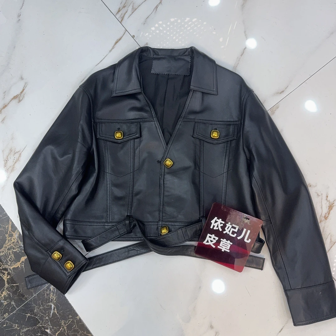 方领系带短款轻职风纽扣标准皮衣上衣翻领机能风