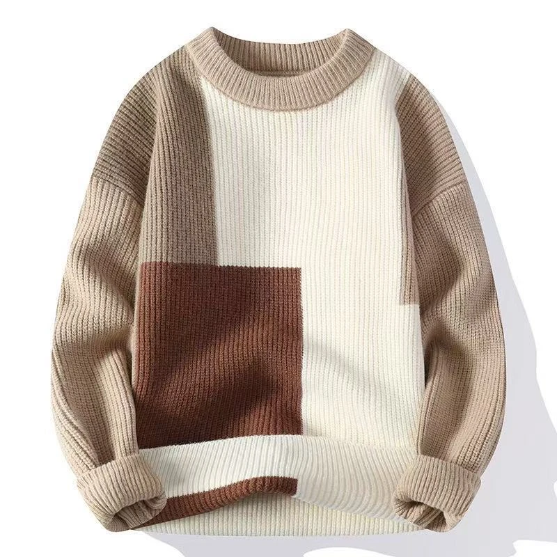 仓石一树潮牌秋冬撞色拼接圆领毛衣休闲宽松慵懒风复古针织衫上衣