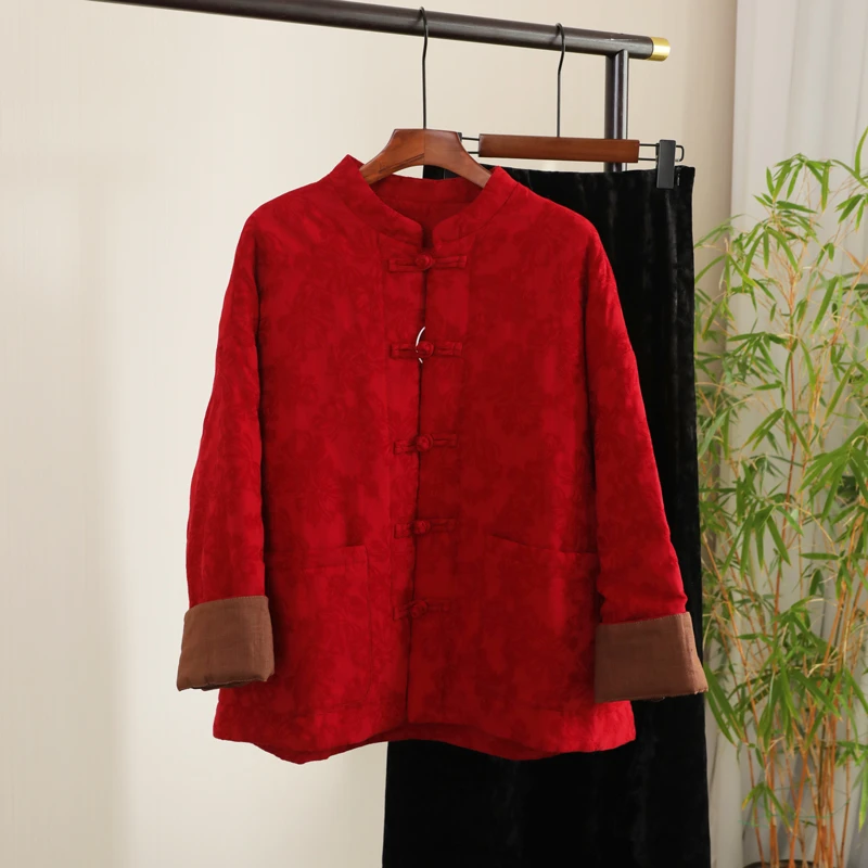 2025冬季复古炒色做旧亚麻提花文艺中式盘扣棉衣外套夹棉保暖棉服