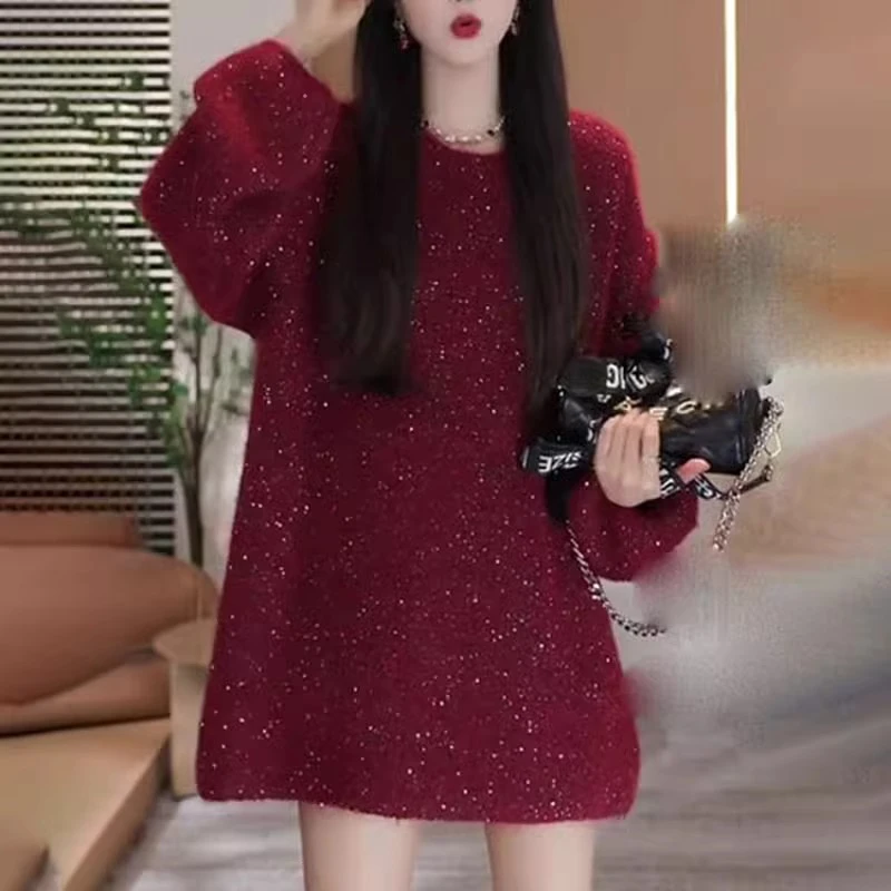 高级感红色套头毛衣女秋冬季慵懒风宽松洋气中长款软糯针织衫上衣