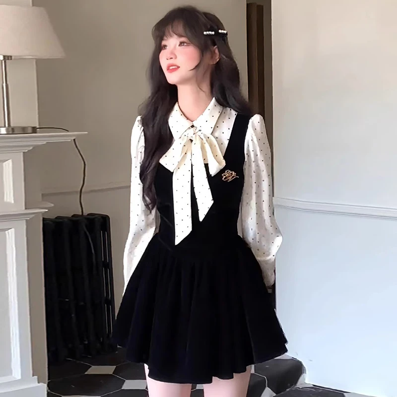 miu系富家千金连衣裙高级感小香风穿搭波点假两件收腰小黑裙D0489