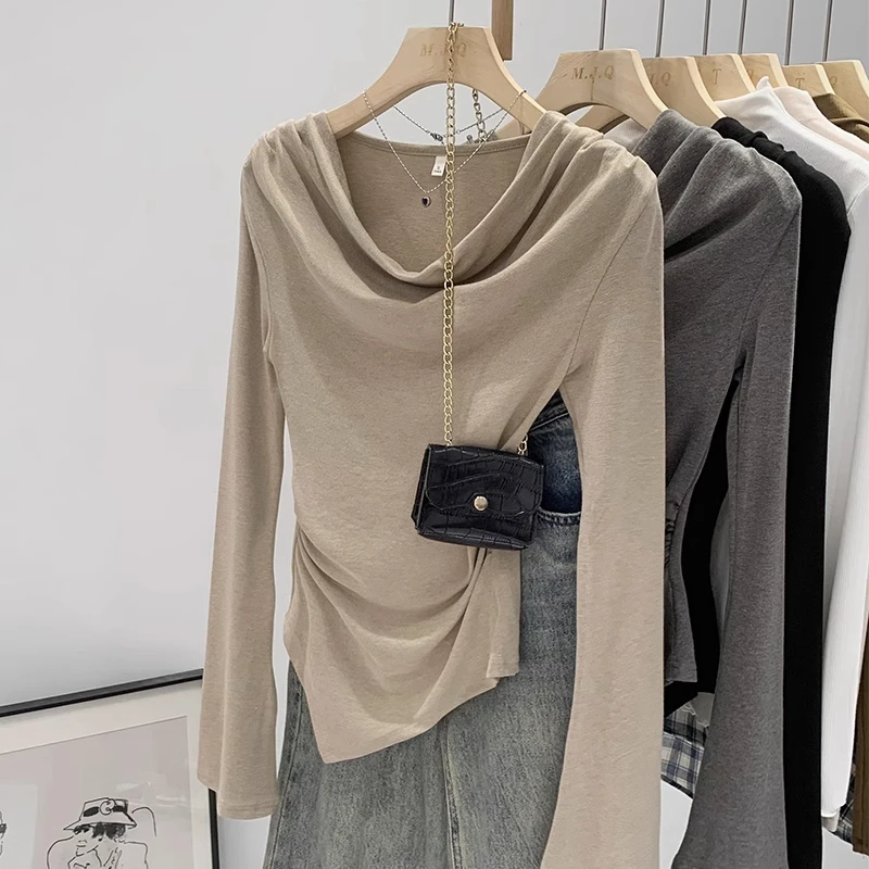 不规则荡领长袖打底衫女2025新款秋季内搭修身气质上衣显瘦T恤潮