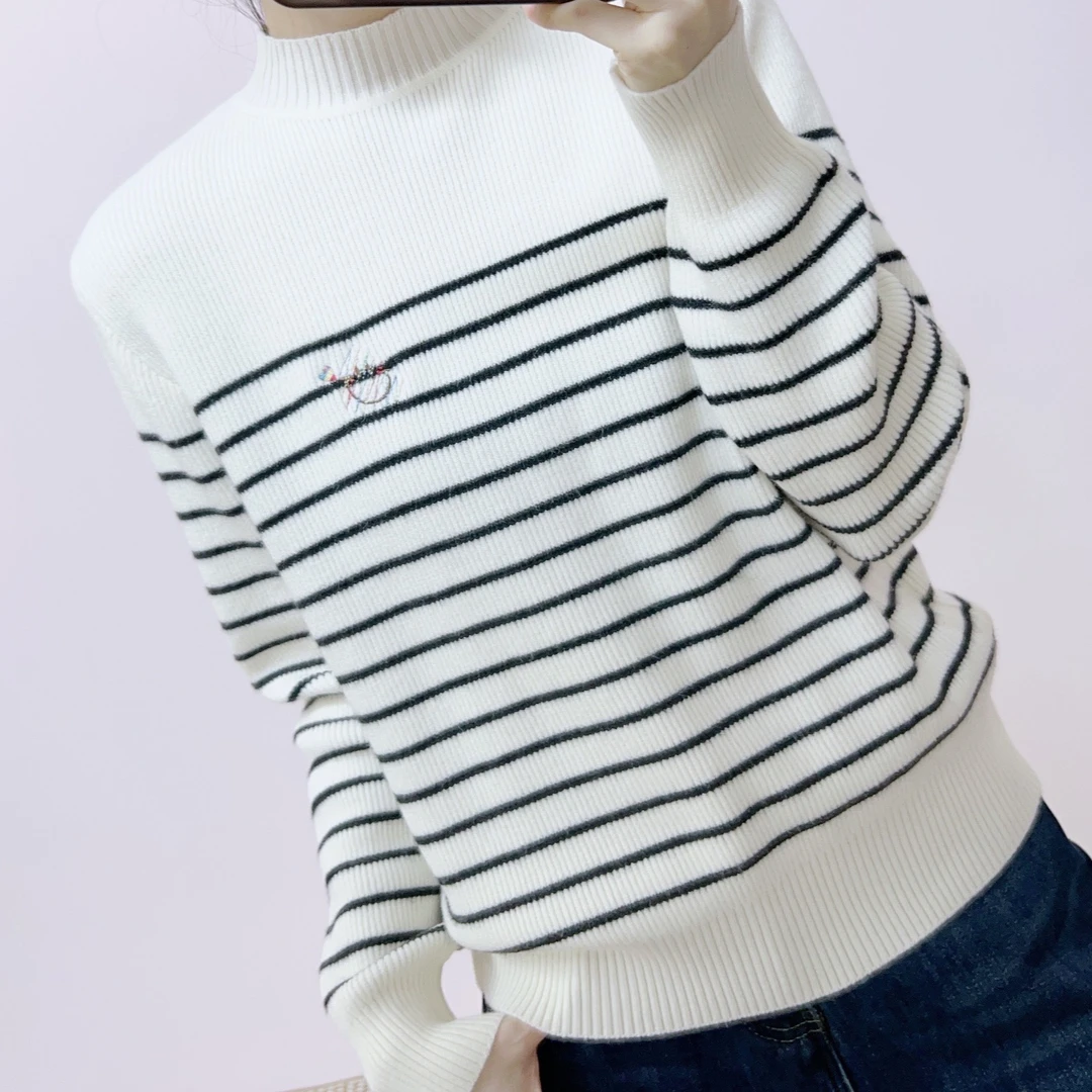 132圆领针织衫长袖经典拼色条纹宽松加绒打底毛衣5132/JP