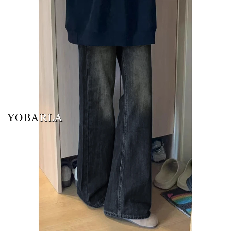 梨形身材蓝灰色微喇牛仔裤女冬季加绒大码胖mm高腰女士裤子