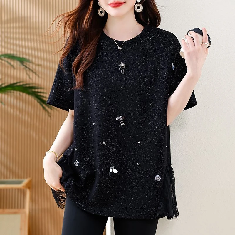 重工钉珠设计感上衣女夏季爆款大码遮肚宽松气质蕾丝拼接短袖T恤