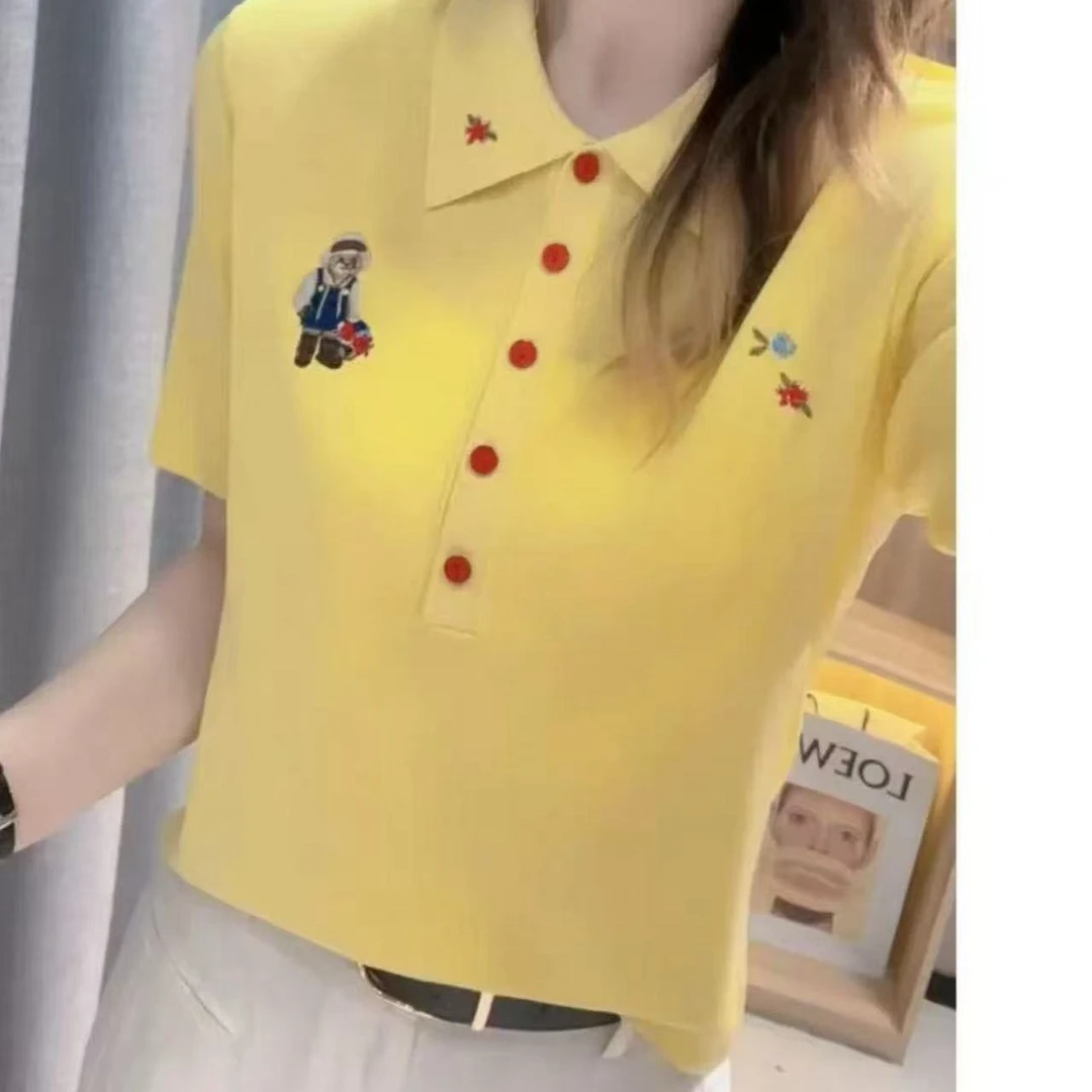 翻领刺绣小熊短袖2025夏季新款休闲百搭针织衫上衣