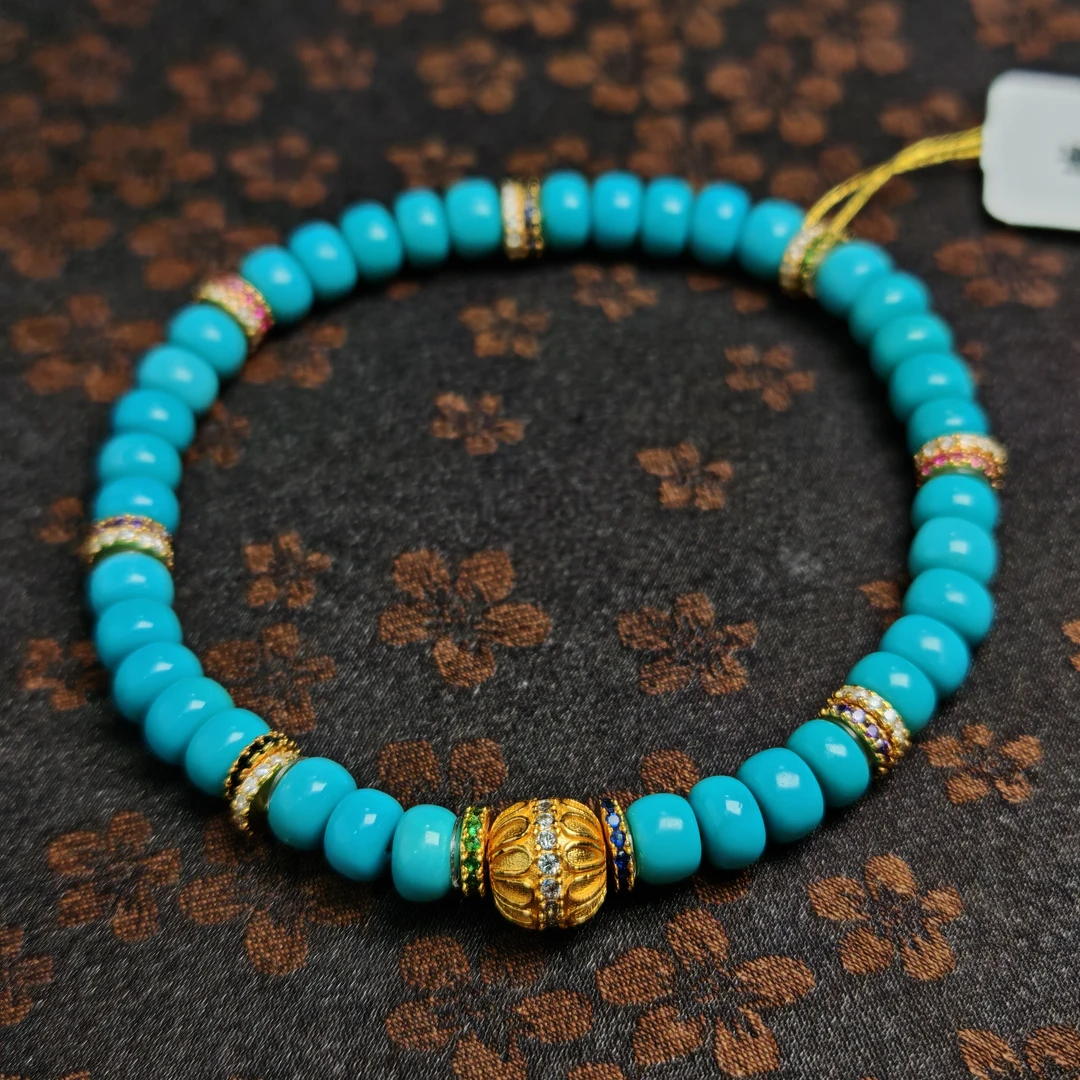 【珺笙珠宝】原矿暴蓝绿松石算盘珠手串S2000210001024