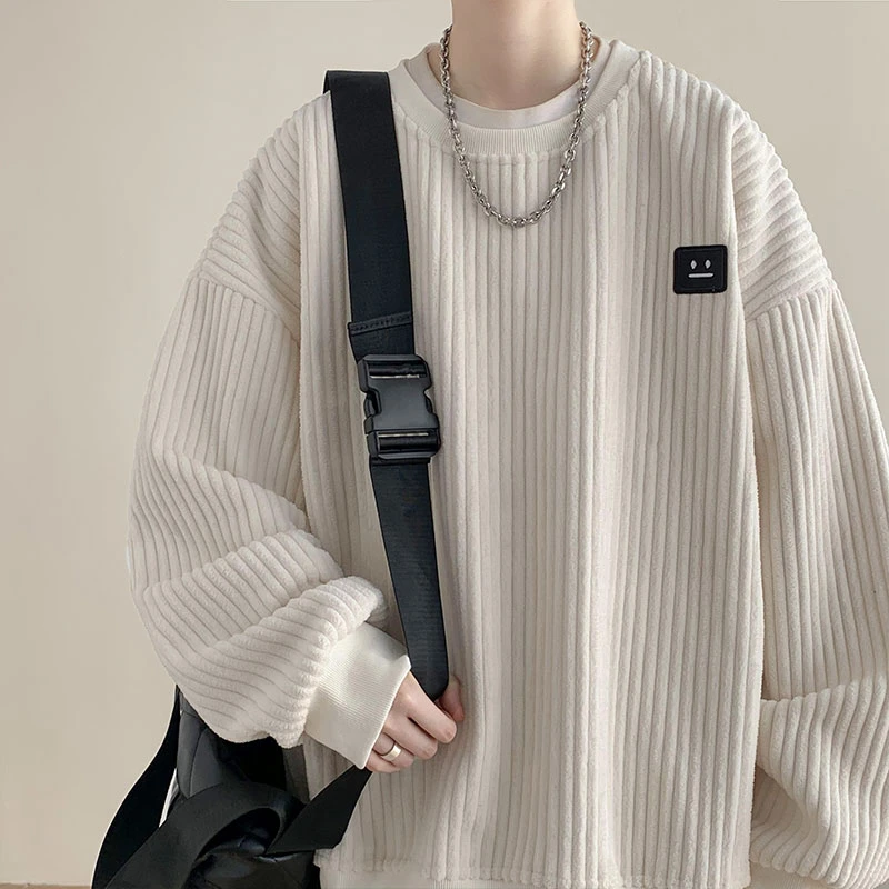 大码贴标灯芯绒圆领卫衣男款美式宽松上衣重磅打底外套加绒加厚