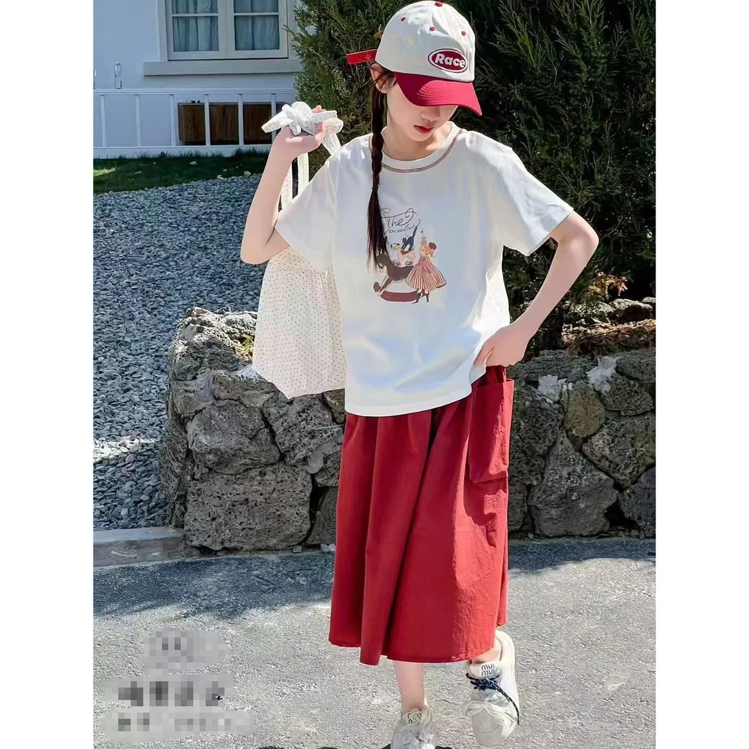 85021 夏款两件套女孩印花短袖工装裙套装