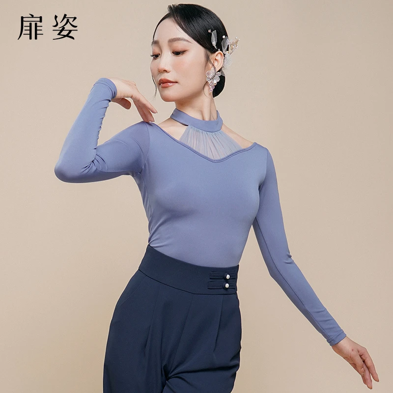 扉姿 摩登舞上衣女春季国标舞服连体衣舞蹈练功服长袖跳舞衣F1232