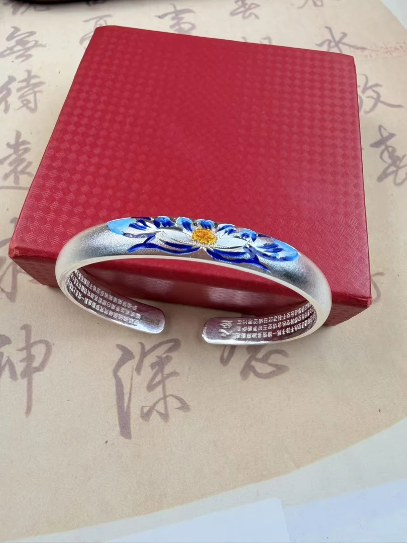 足银手镯 36号链接 莲花心经开口手镯女纯银实心银镯子简约