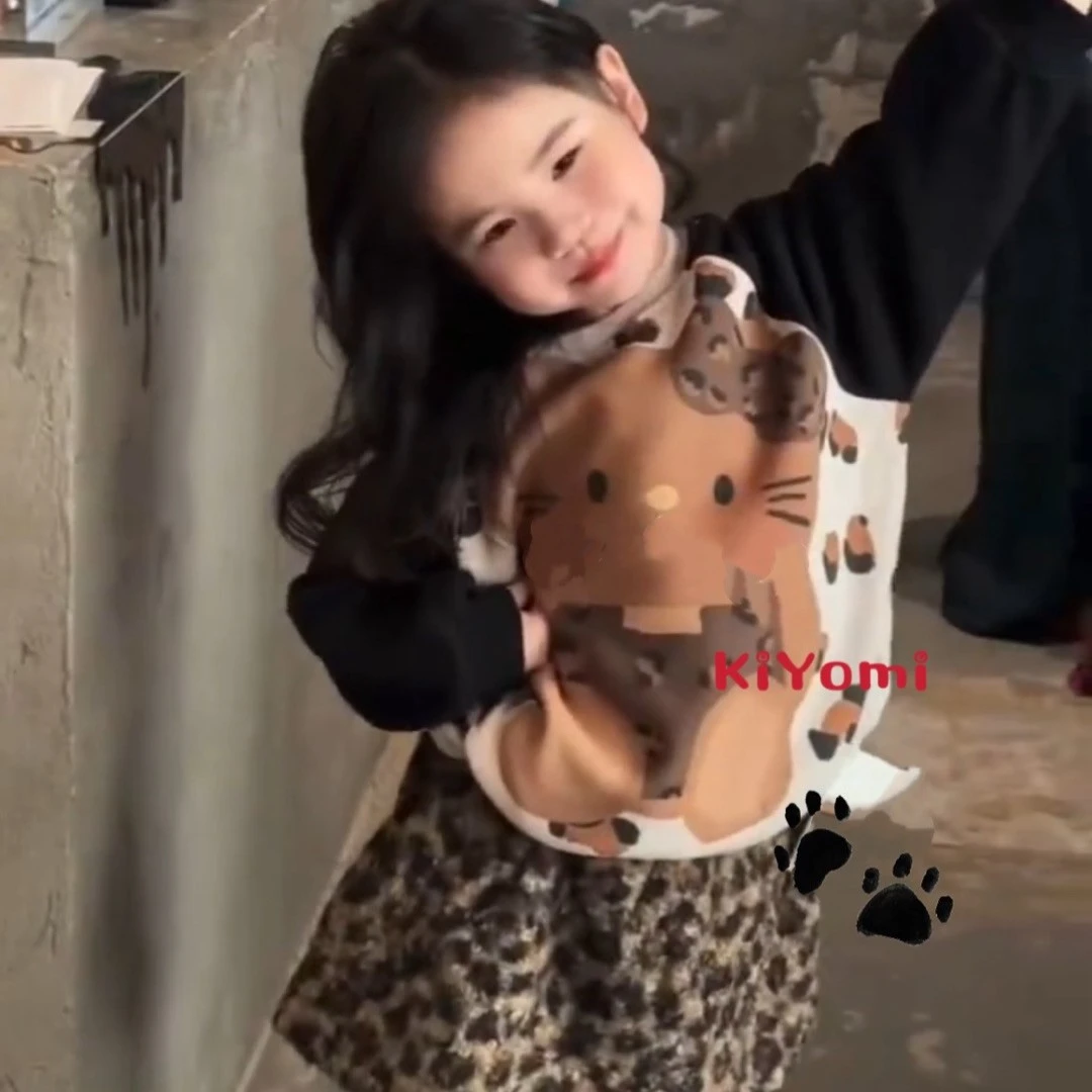 冬季新款女童小童豹纹猫咪加绒加厚卫衣