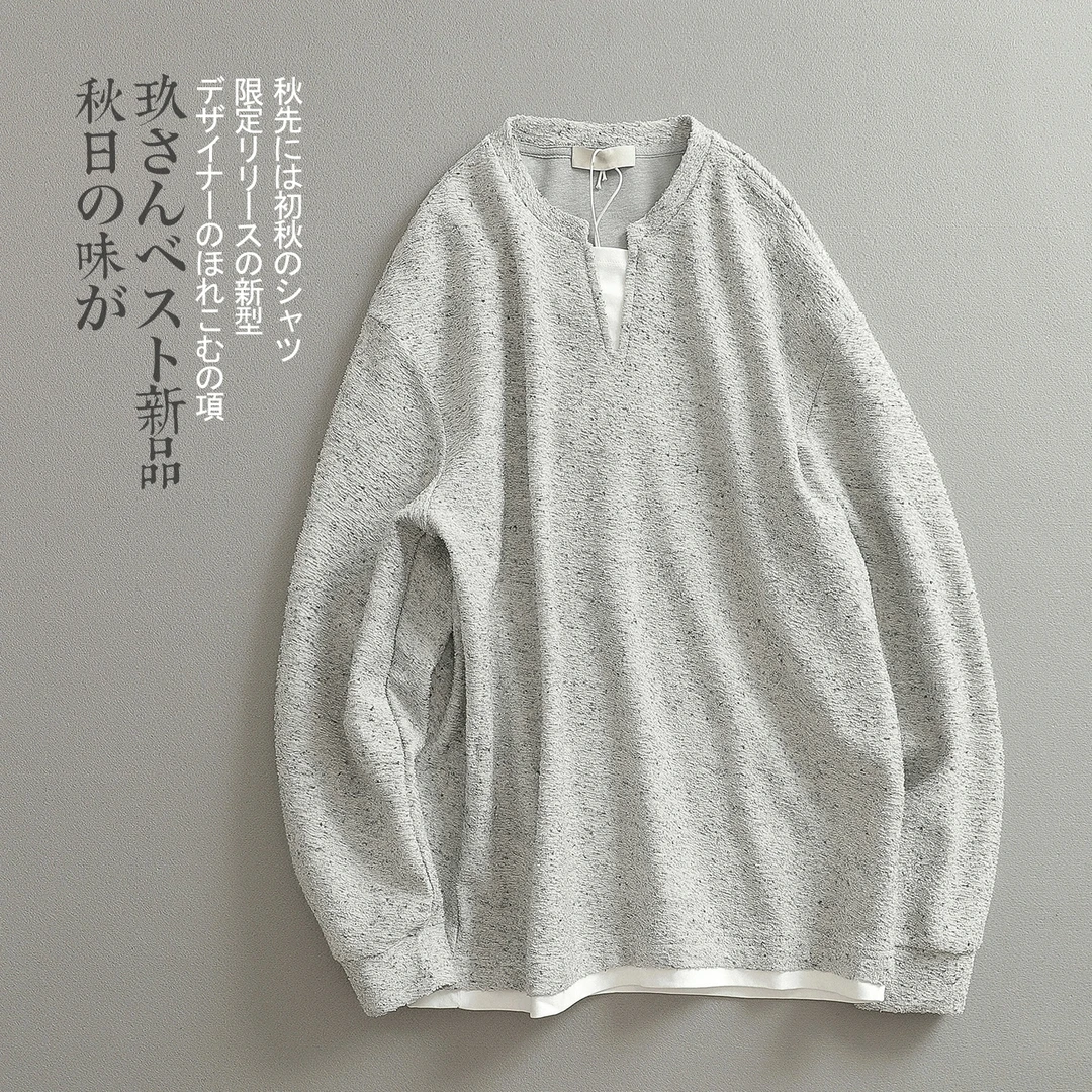 【见川】秋季cleanfit磨毛工艺假两件V领长袖T恤上衣男