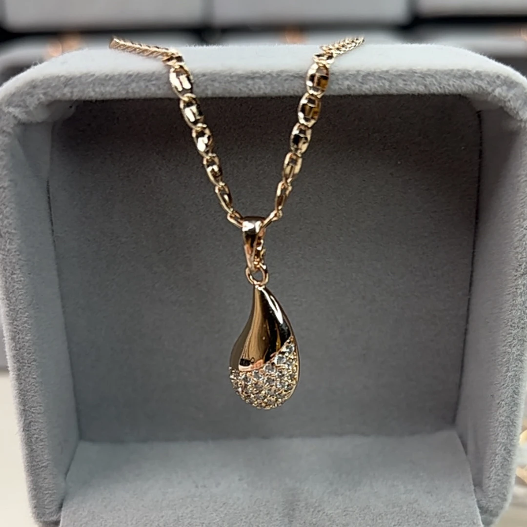 铜合金锆石项链 镀585紫金水滴带钻项链轻奢