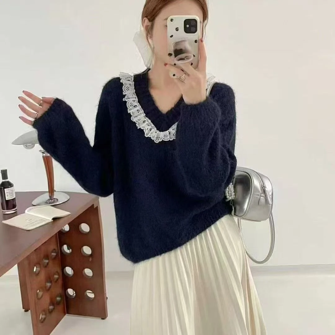 秋季针织蕾丝女V领冬季毛针织衫秋冬上衣开衫打底衫6899